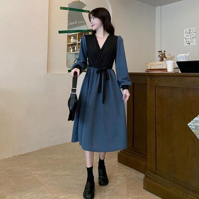 원피스 허리조절 휴양지 롱 블루 바캉스 A라인