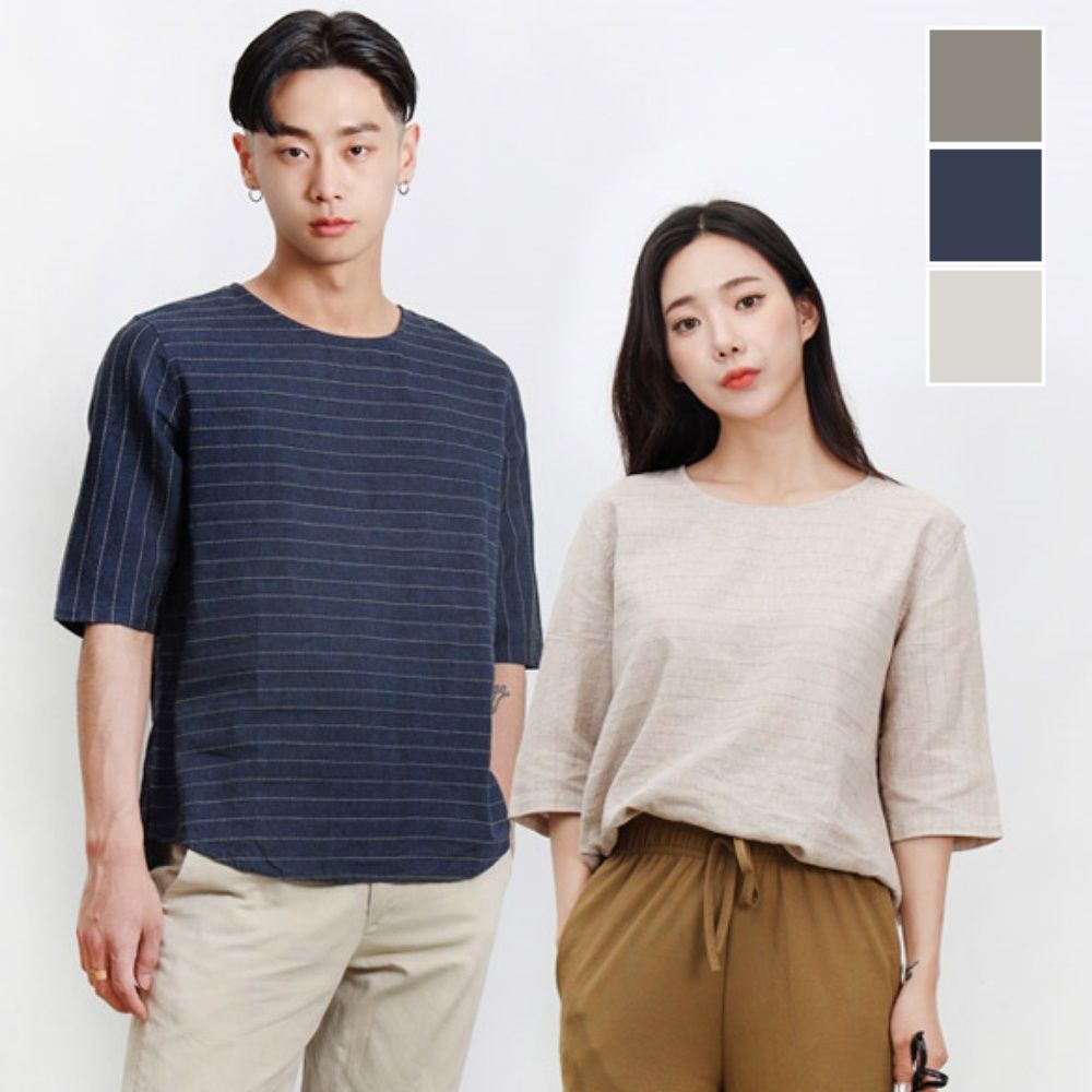 쾌적한 린넨 소재 라운드넥 데일리 여성 반팔 티셔츠