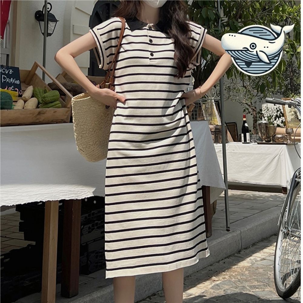 여름 스트라이프 카라 롱원피스 시원한 데일리