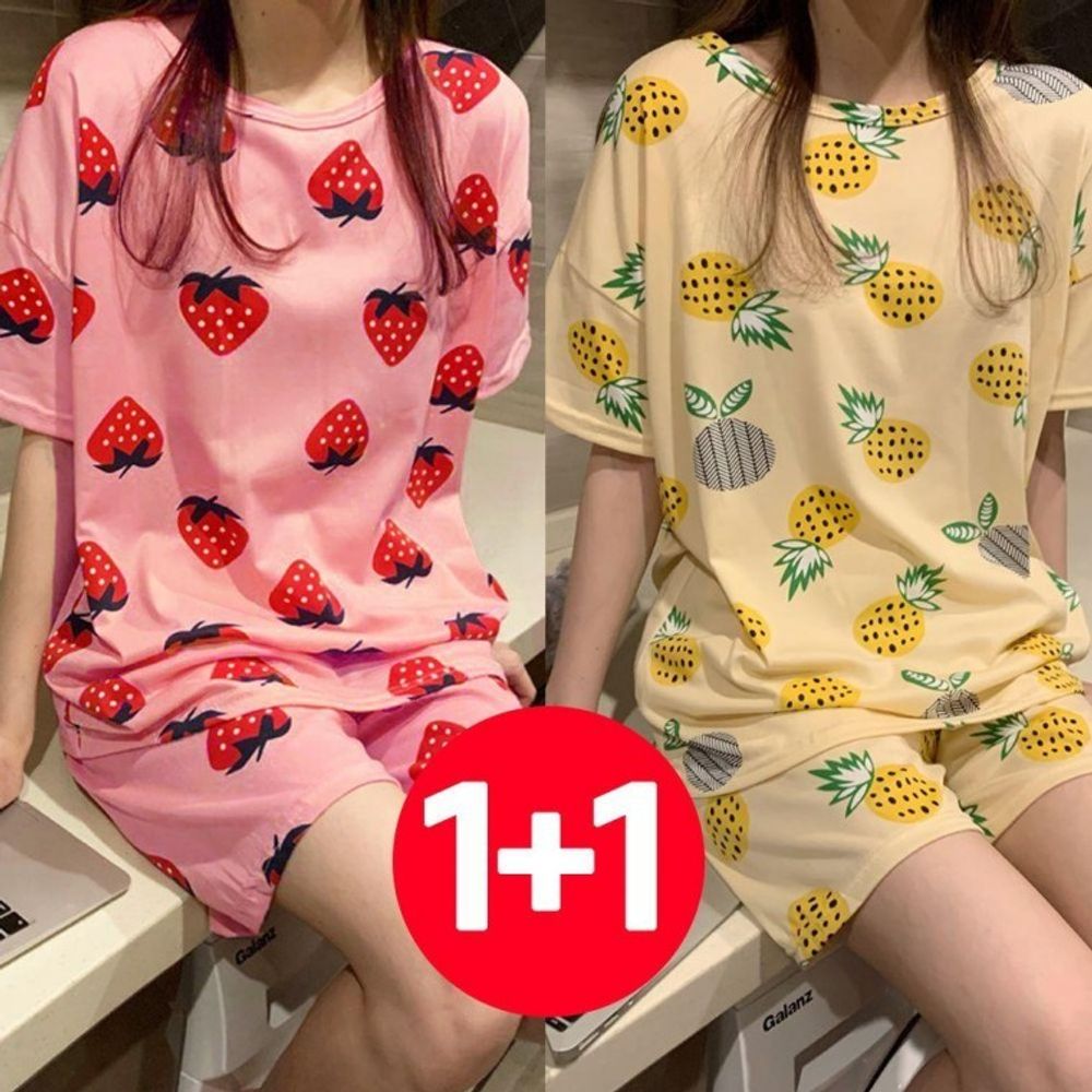 여성 반팔 반바지 여름 잠옷 세트 2개 베리 파인 여자
