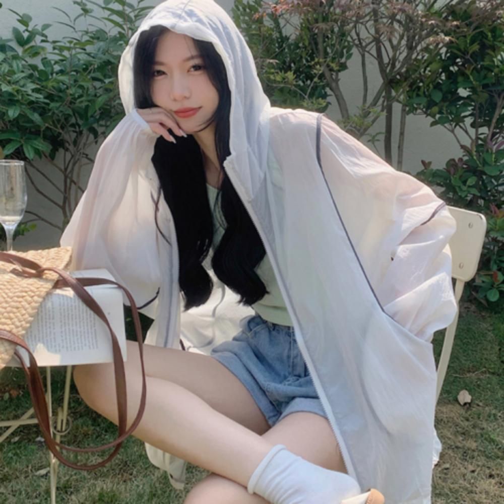 여성 여름 시스루 초경량 오버핏 후드 바람막이 점퍼