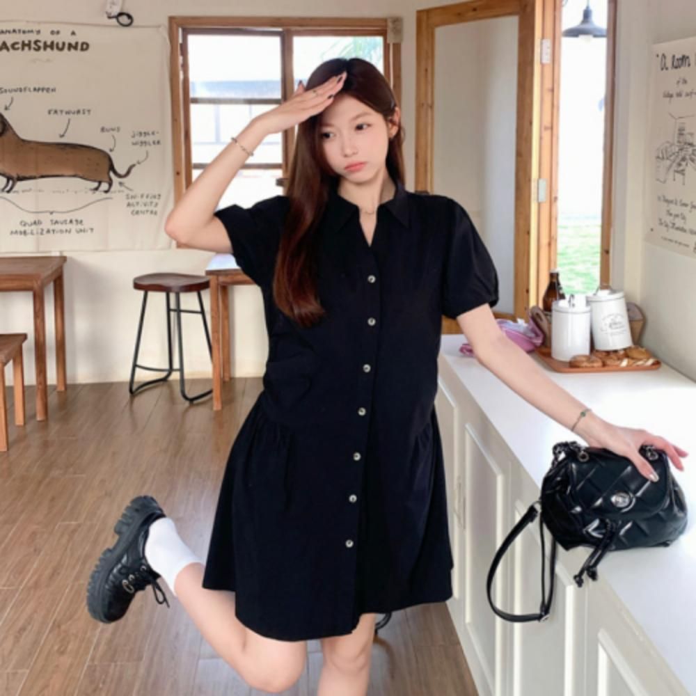 여성 여름 루즈핏 카라 반팔 셔츠 셔링 원피스