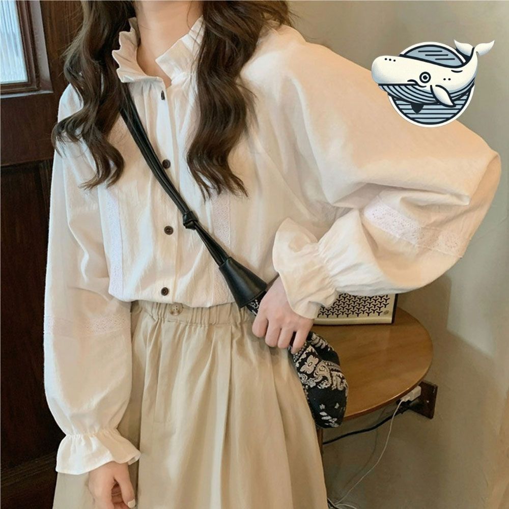 우아한 프릴 블라우스 레이스 소매 자수 셔츠