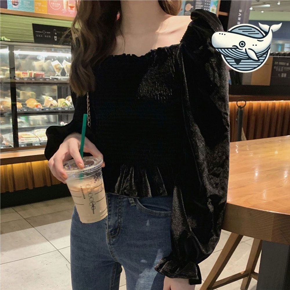스타일리시 퍼프소매 크롭 블라우스 블랙 벨벳