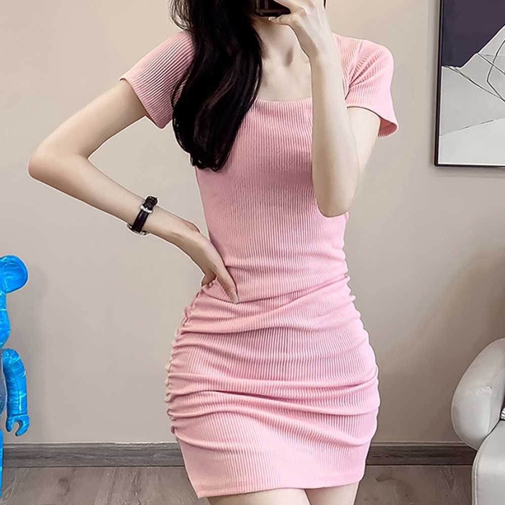 스퀘어넥 반팔 양옆 셔링 미니원피스 세로 골지 패턴