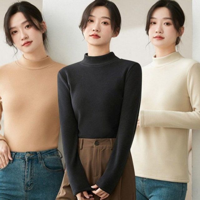 여성 반목 무지 기본 하프넥 데이 긴팔 기모 안감 티
