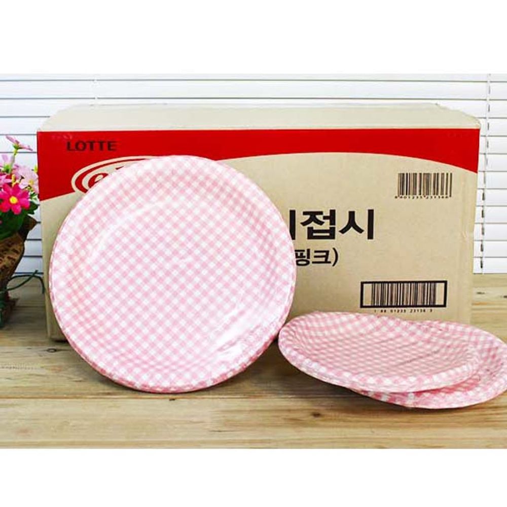 롯데 컬러 종이접시 핑크 23cm 200P BOX 일회용 그릇