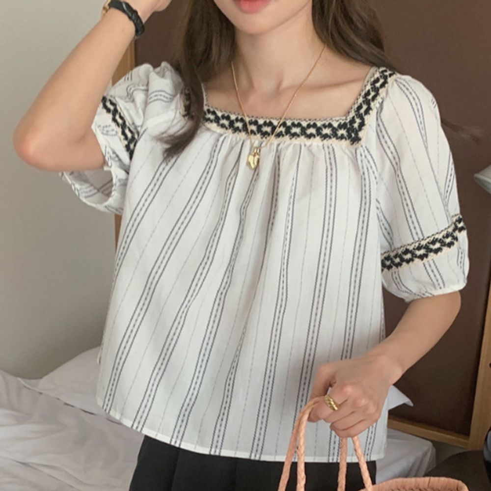 여성 스퀘어넥 반팔 블라우스 1P 데일리 여름 루즈핏