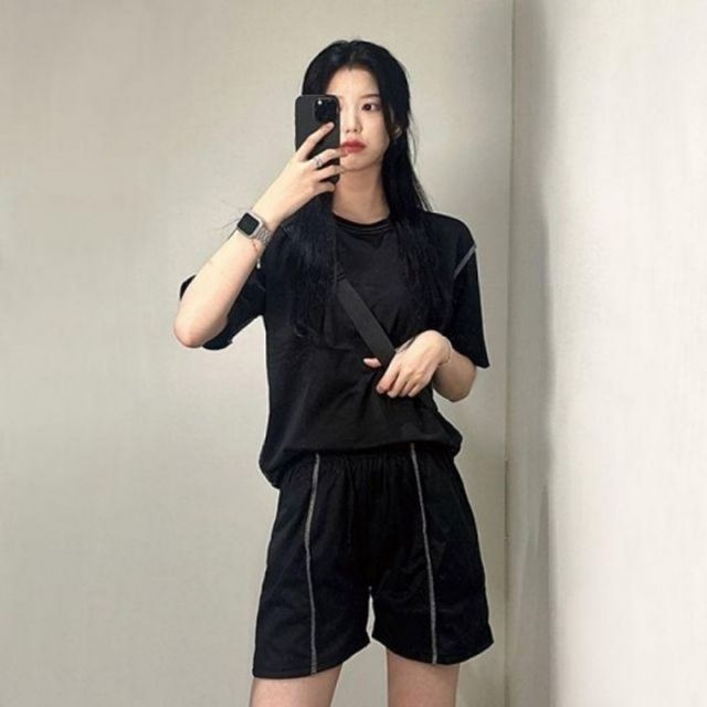 스티치 셋업 트레이닝 기본 반팔 데이 티 반바지 세트
