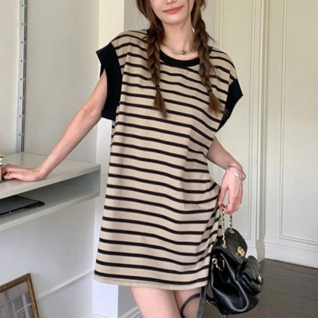 여성 단가라 오버핏 기본 미니 데이 원피스 1P 민소매