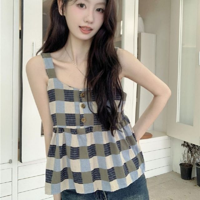 체크 민소매 티셔츠 기본 플레어 데이 나시 탑 나들이