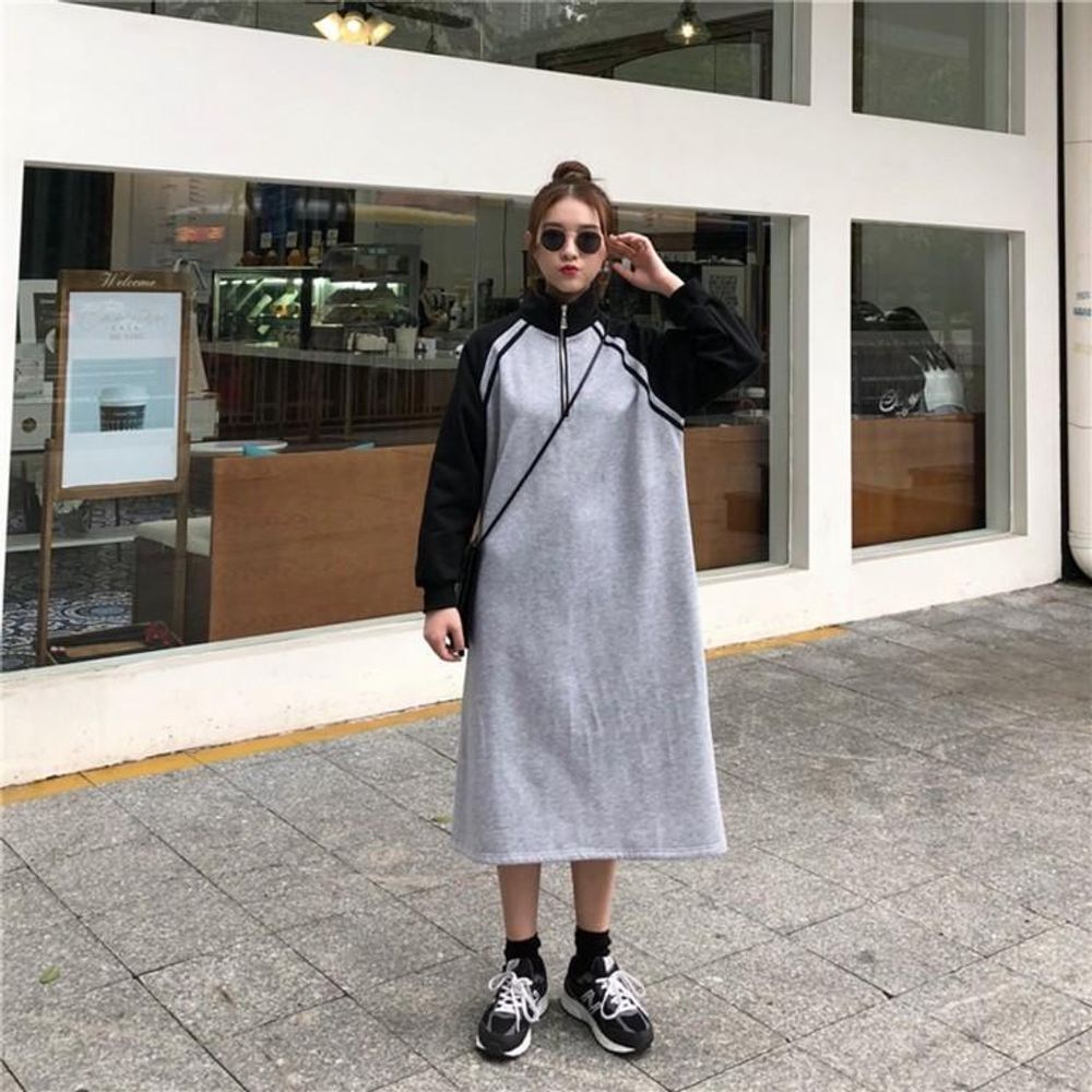F90 소매배색 앞지퍼 하이넥 롱원피스 원피스