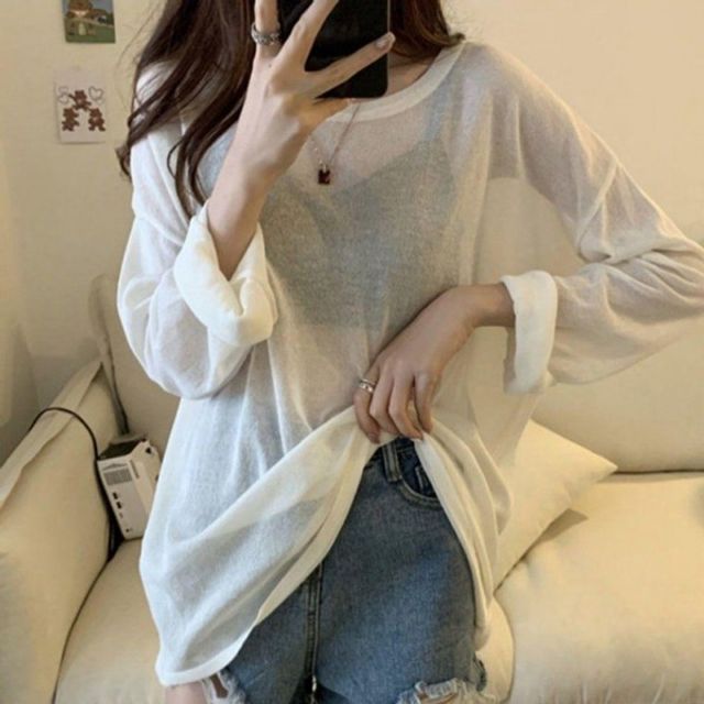 여성 패션 여름 기본 시스루 데이 루즈핏 스타일 긴팔