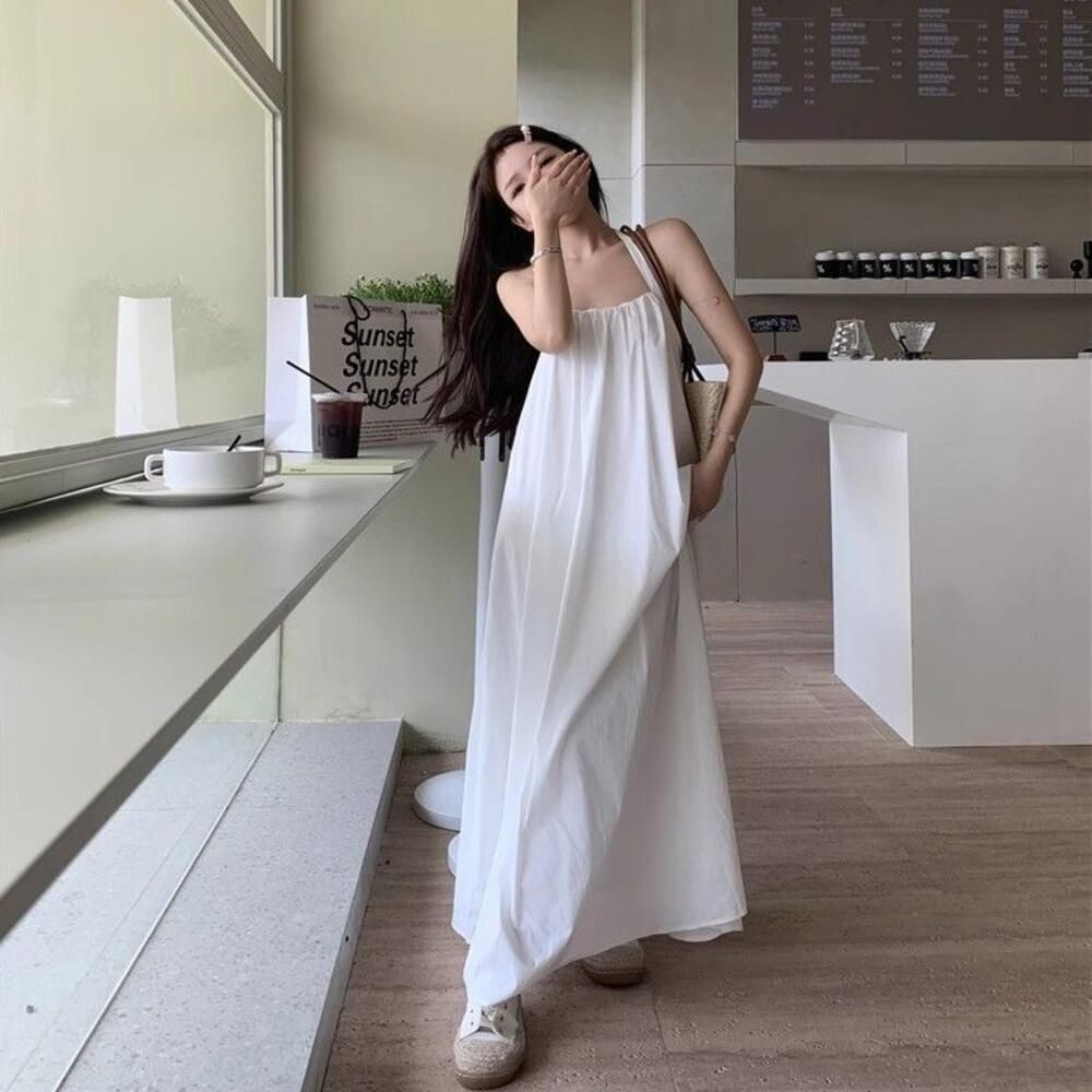 뒷트임포인트 A라인 예쁜홀터넥 여름 민소매 롱원피스