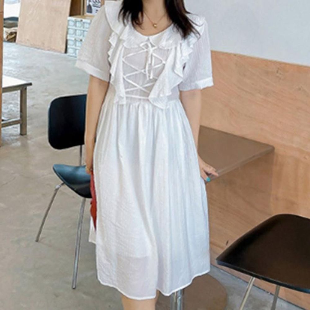 여성 모임 나들이 봄가을 흰색 무릎기장 면원피스 봄