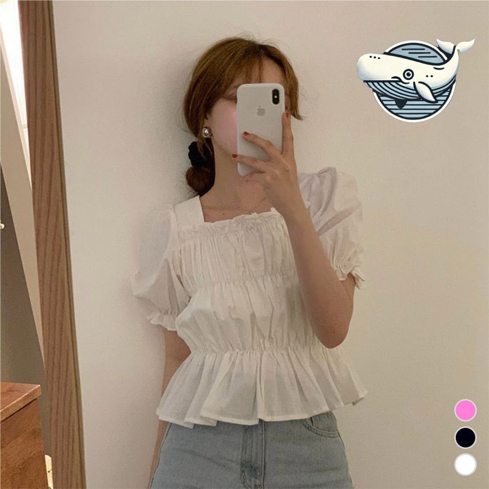 러블리 스퀘어넥 크롭 셔링 블라우스 여름