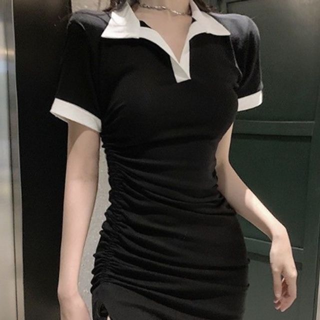 옆셔링 카라 반팔 원피스 GD38