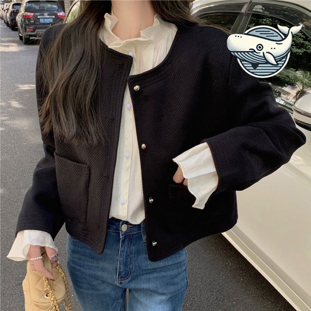 프리미엄 노카라 블랙 크롭 자켓 패셔너블 골지