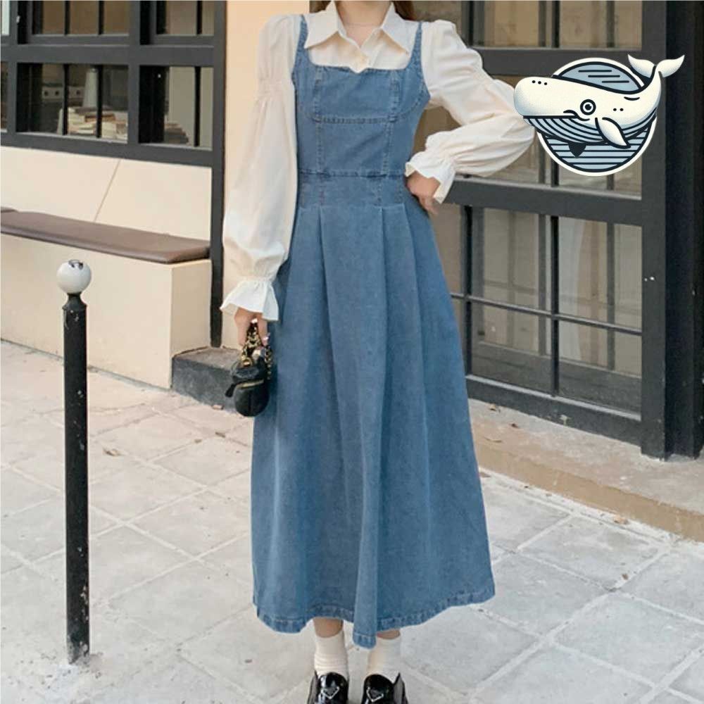 데님 뷔스티에 롱원피스 스타일리시한 핀턱