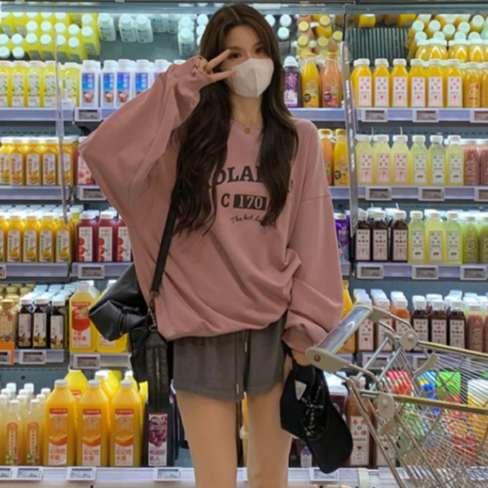 기모 맨투맨 티셔츠 여자 긴팔 오버핏 핑크