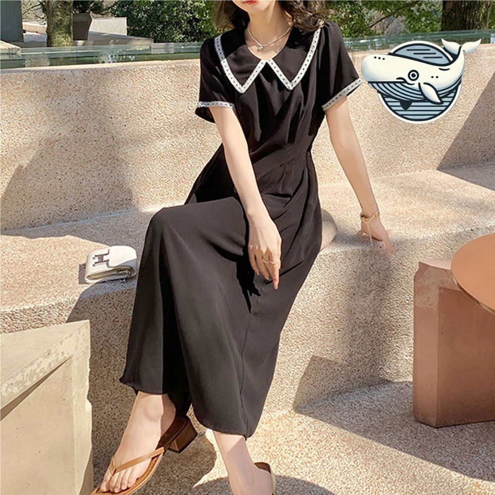 스타일리시한 라운드넥 롱드레스 여름 배색