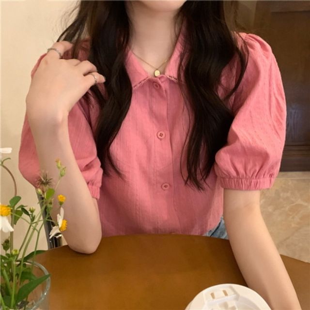 러블한무드 퍼프소매 스트라이프 카라 반팔 셔츠2컬러