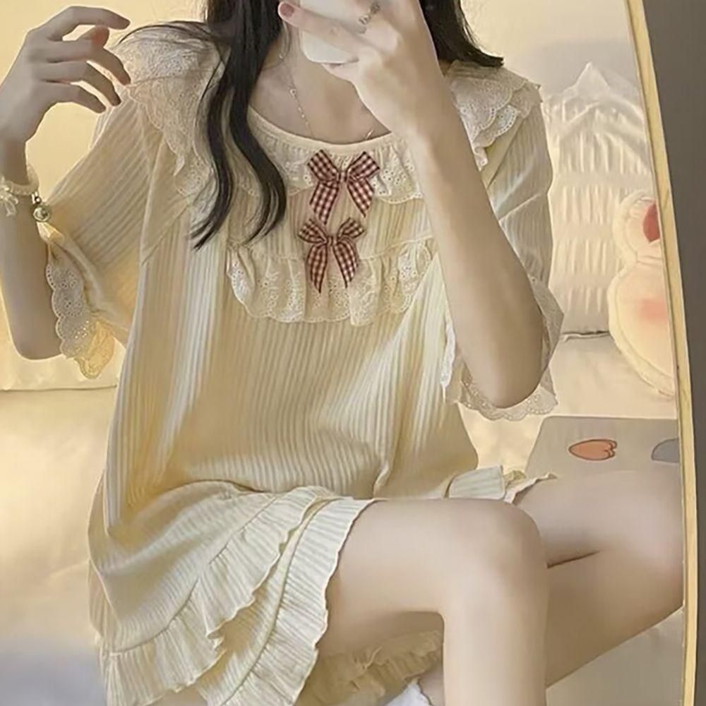여성 귀여운 세트 리본 레이스 잠옷 포인트 찰랑 여름