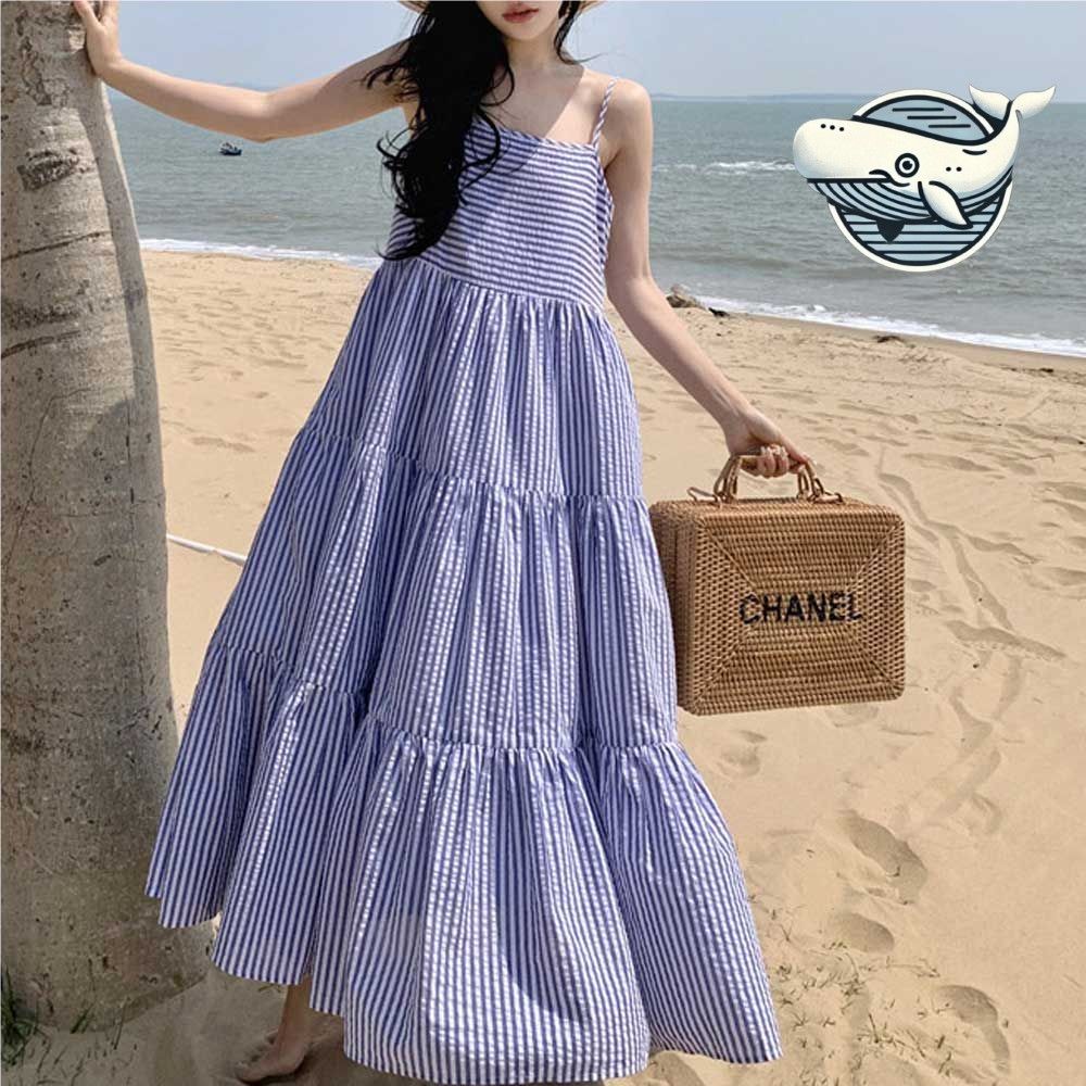 편안한 여름 스트라이프 롱원피스 플레어 캉캉