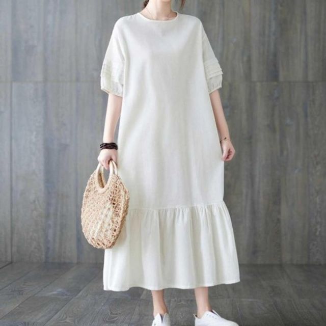 라운드넥 소매핀턱 롱원피스 기본 밑단 데이 셔링 플