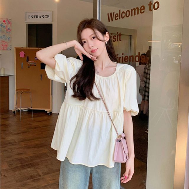 루즈핏 백리스 반팔 퍼프 썸머 블라우스