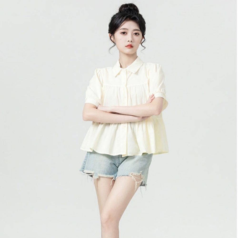 여자 러블리 퍼프 셔링 썸머 반팔 블라우스 셔츠