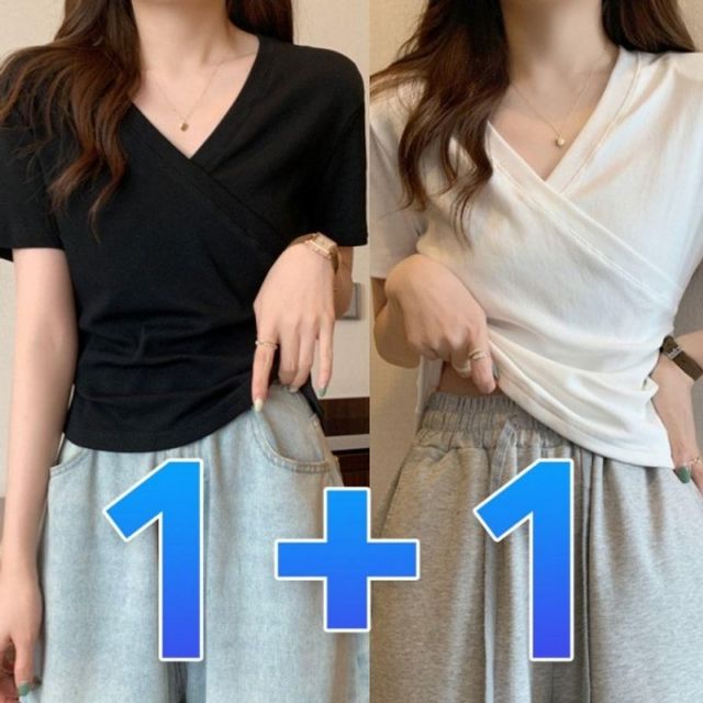 1+1 브이넥 여성 기본 반팔티 데이 셔링 스판 랩 무지