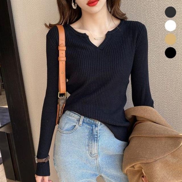 여성 브이넥 골지 기본 긴팔 데이 티셔츠 반목 여성봄