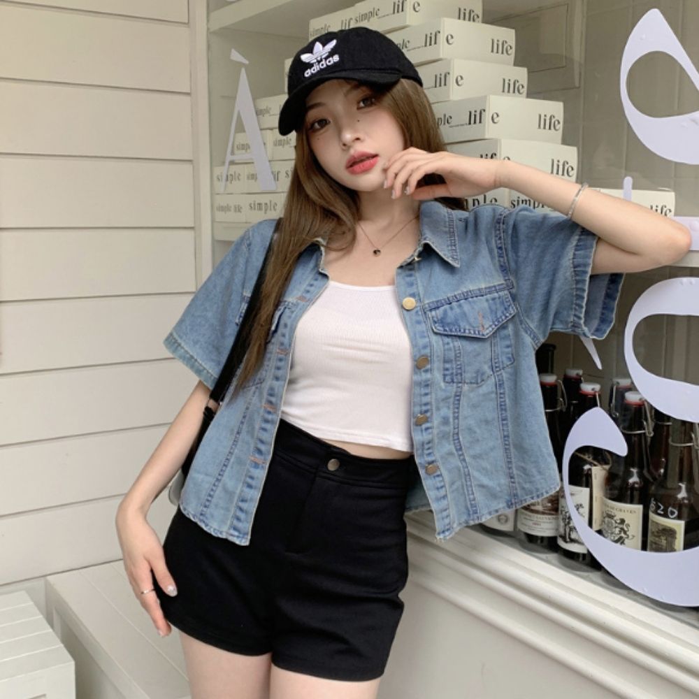 여자 데일리 세미 크롭 데님 반팔 자켓 D82