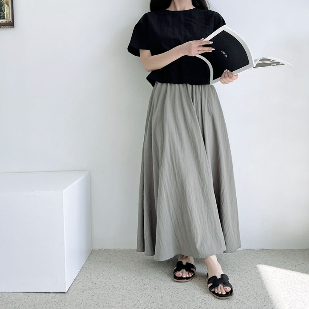 여성 여름 데일리 주름 플레어 맥시 롱스커트