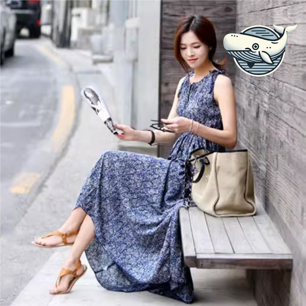 여름 해변 여성 나시 롱 원피스 청량한 리본