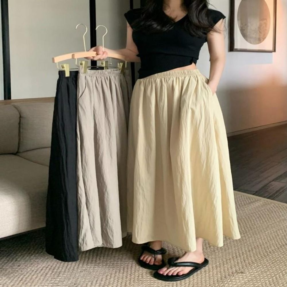 치마 여름 밴딩 주름치마 A라인 화이트 롱스커트 플레
