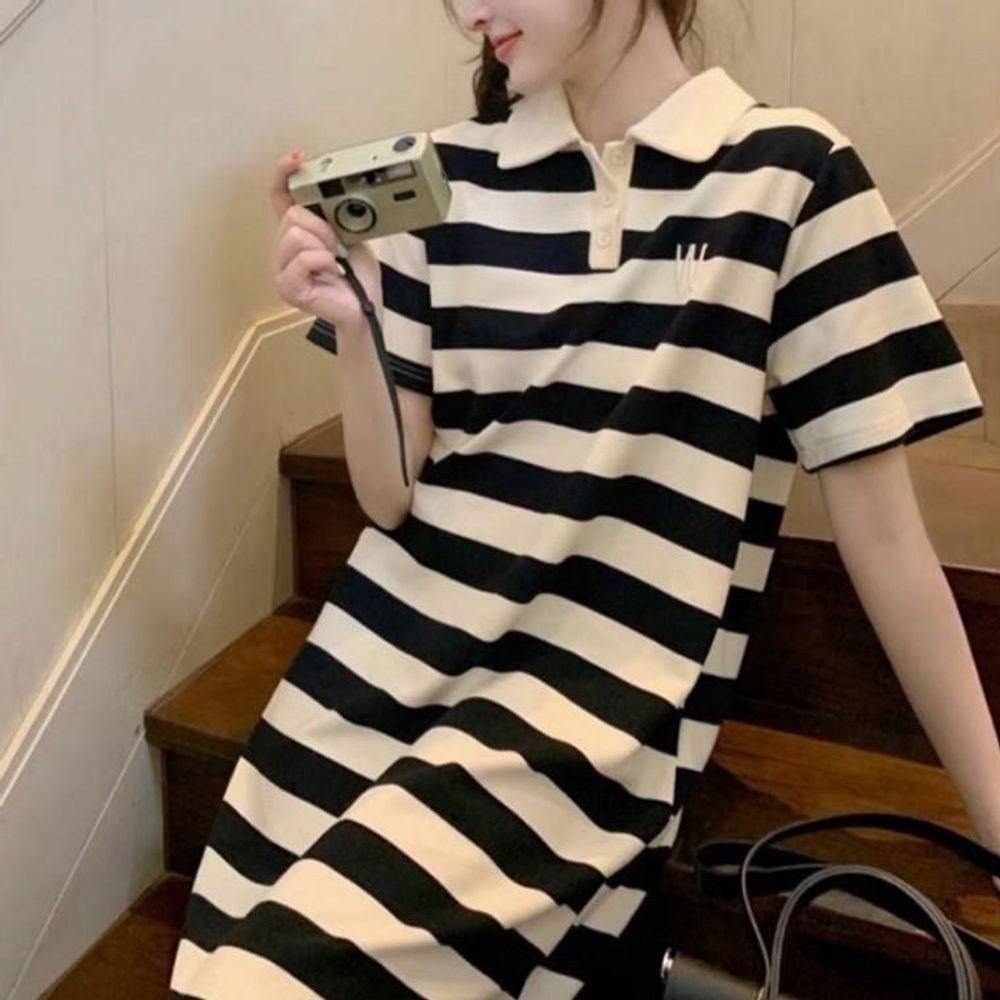 여성 루즈핏 단가라 카라 반팔 원피스 1P 데일리룩 봄