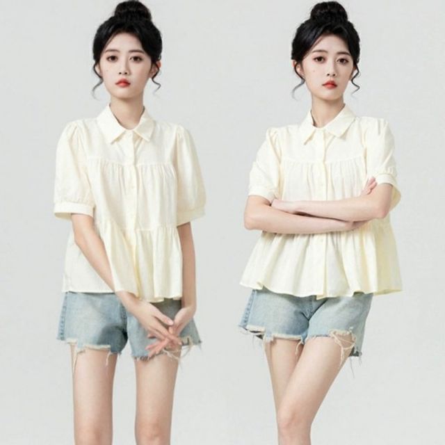 귀여운 스타일 여성 기본 퍼프 데이 셔링 포인트 반팔