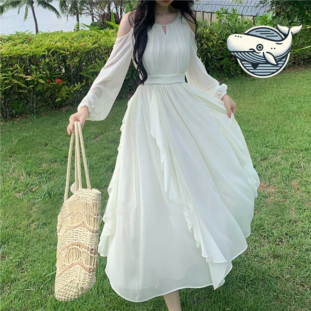 여성용 쉬폰 플레어 롱드레스 소매 시스루