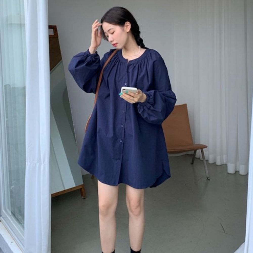 여성의류 여성 루즈핏셔츠 노카라셔츠 롱셔츠 루