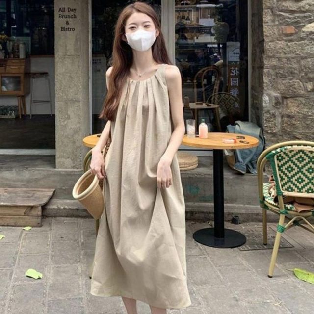 롱 뒷트임 A라인 기본 원피스 데이 여성 민소매 셔링