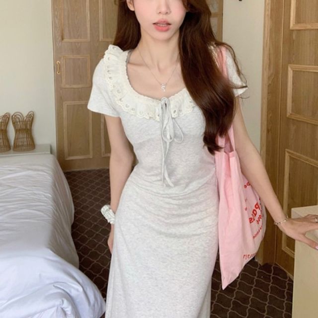 프릴 캐주얼 레이스 기본 카라 데이 슬림 롱 원피스
