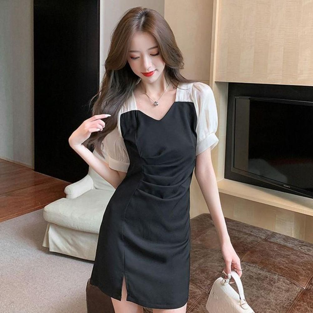 반팔 미니 원피스 쉬폰 셔링 프릴 하객 정장 피로연