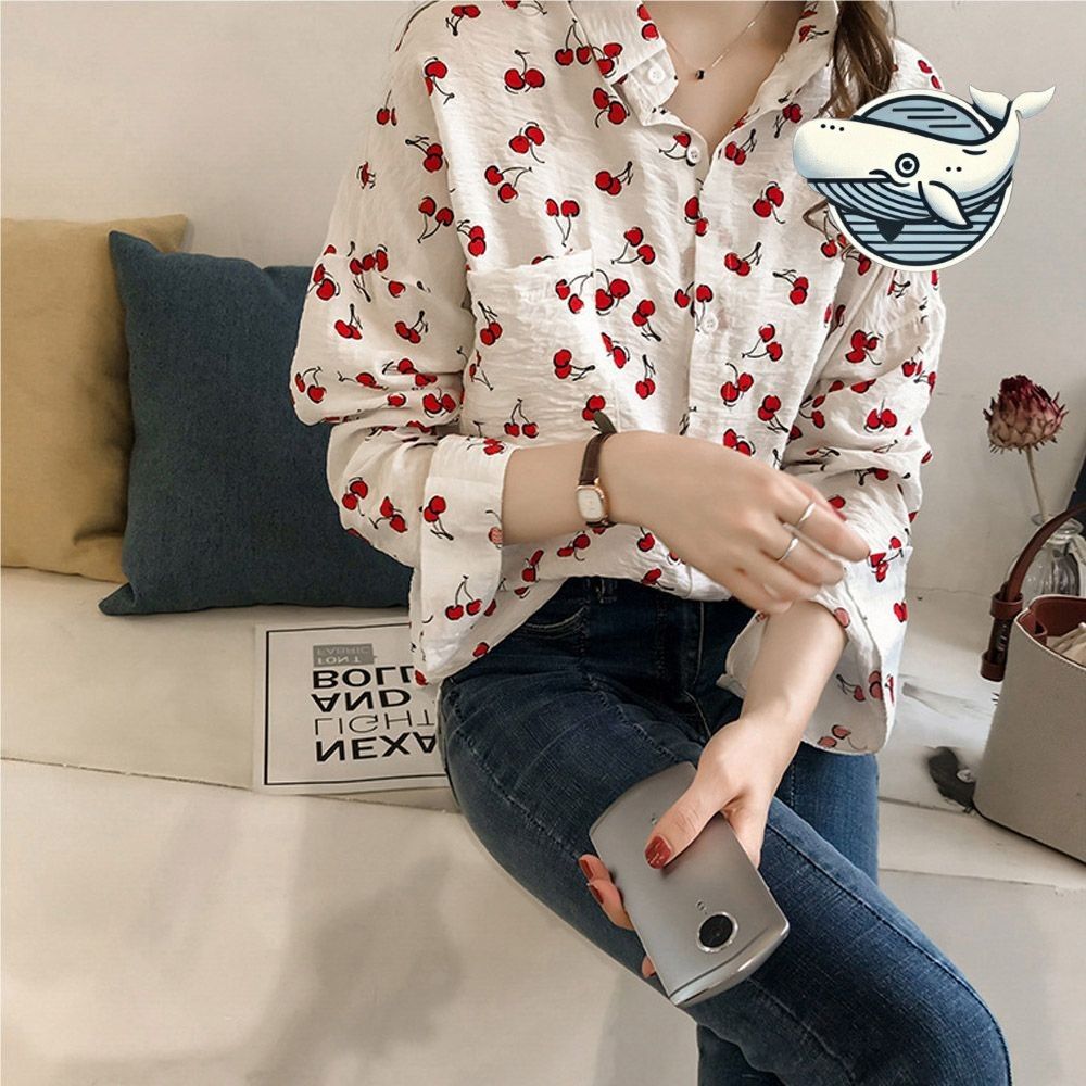 체리 패턴 포켓 블라우스 여름 데일리 룩 셔츠