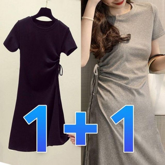 1+1 반팔 셔링 기본 원피스 데이 데일리 라운드 미니