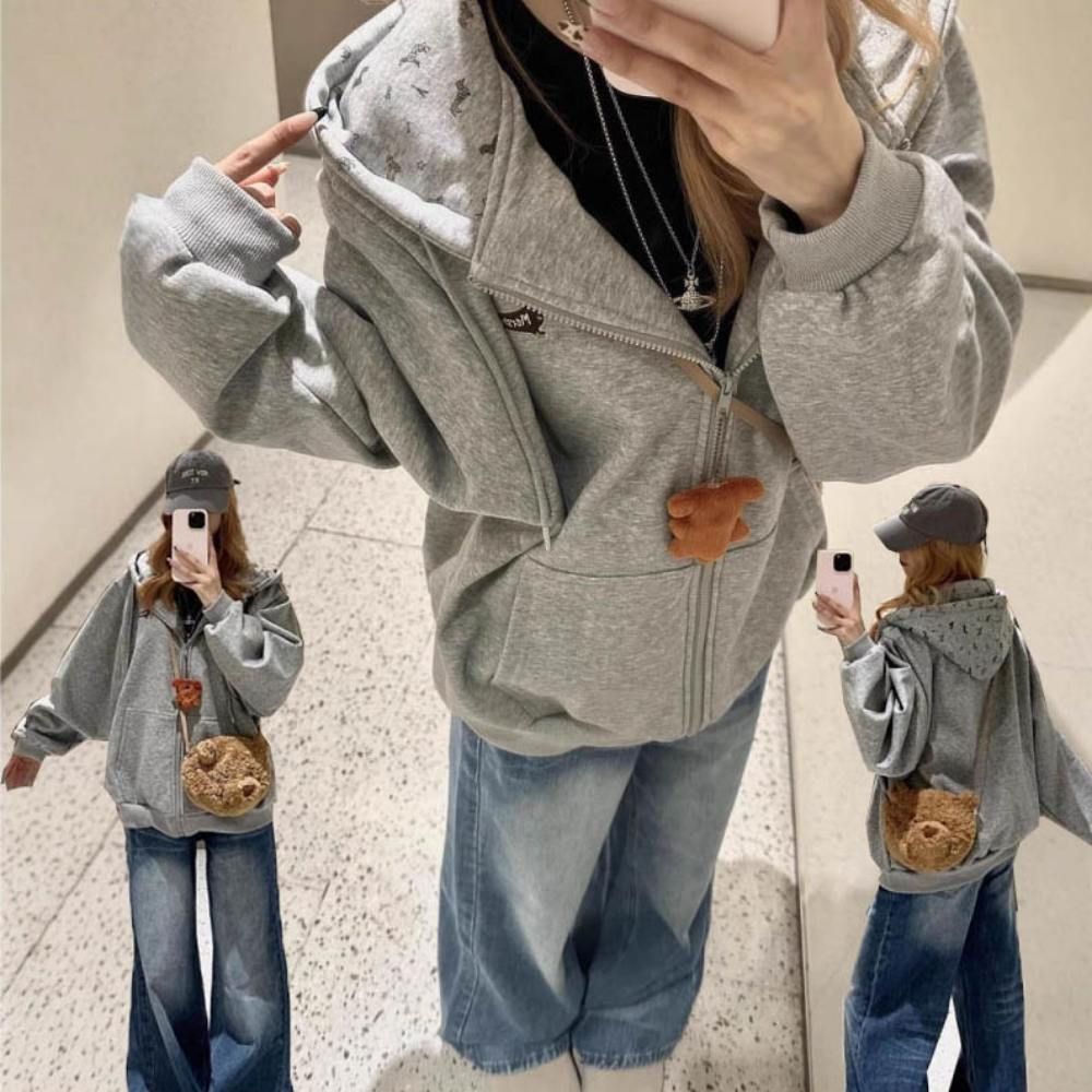 강아지 패턴 루즈핏 얇은 회색 후드집업 긴팔자켓