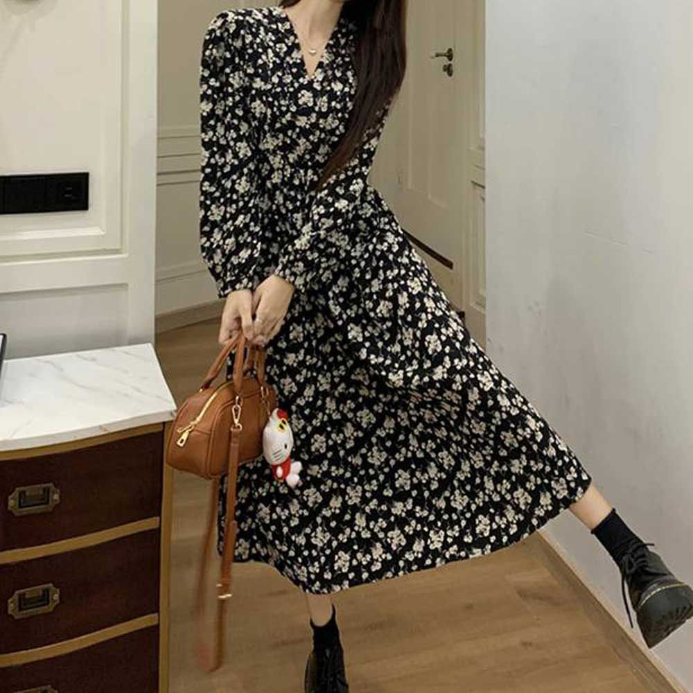 브이넥 롱원피스 잔꽃플라워 원피스 랩스타일 데이트