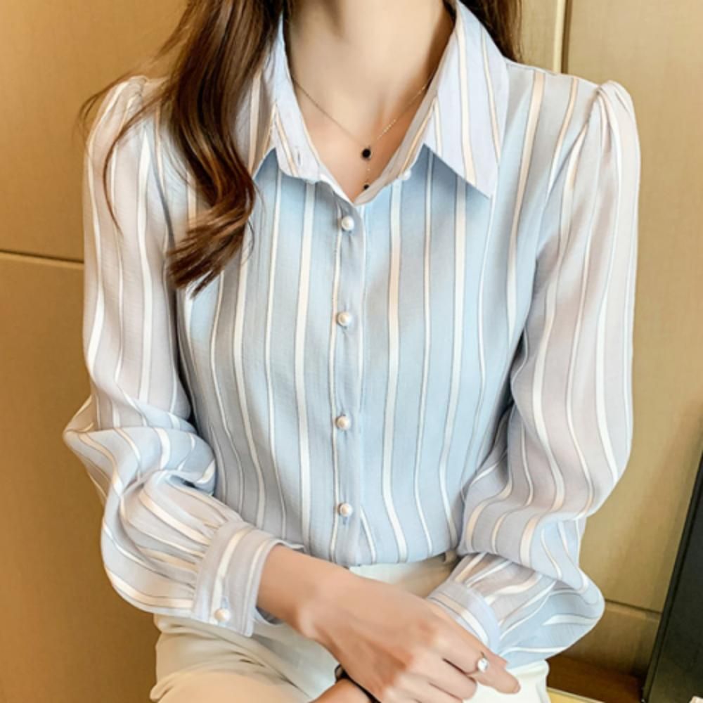 여성 데일리 하객룩 소매 시스루 긴팔 블라우스 셔츠