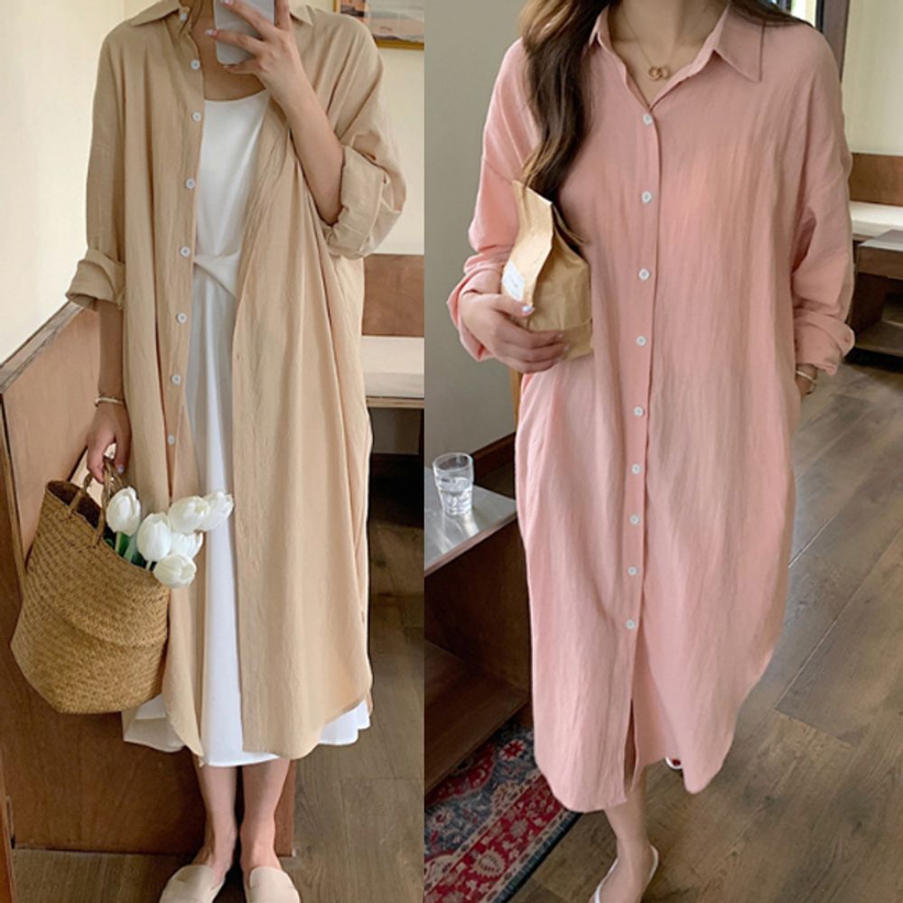 여성 베이직 옆트임 셔츠 롱원피스 1P 데일리 패션